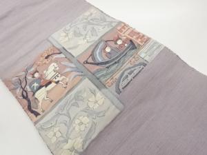 手織り紬色紙に花・人物模様織出し名古屋帯